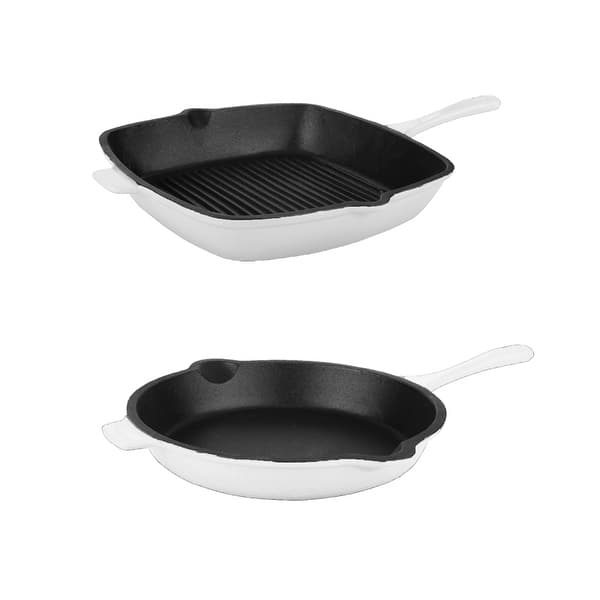 Neo 2pc Cast Iron Set 10" Fry Pan & 11" Grill Pan White Bed Bath